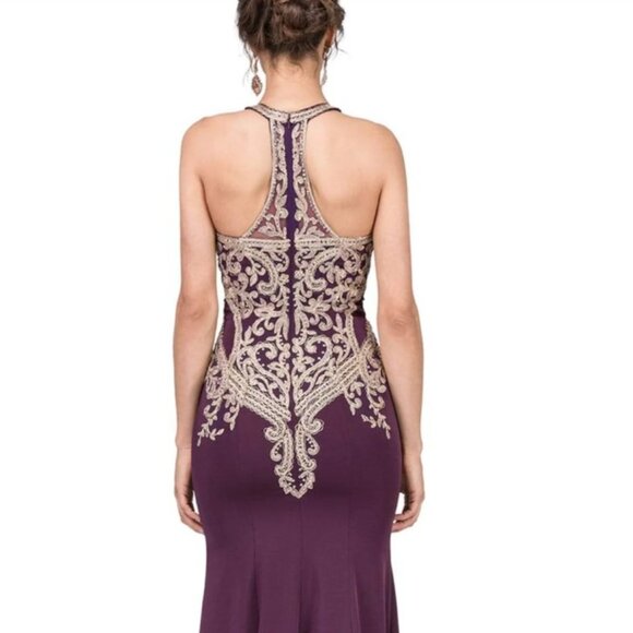 Dancing Queen Purple and Gold Embellished Halter Gown - Picture 2 of 16